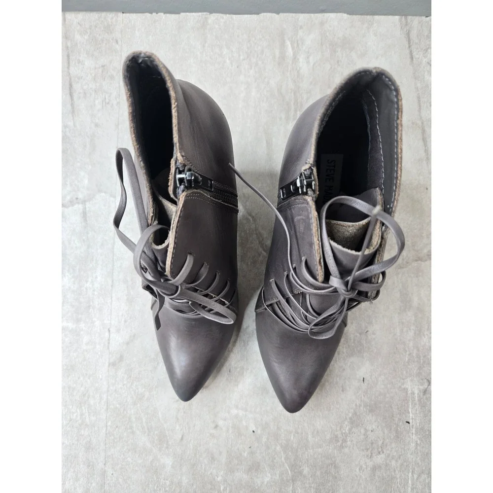 Steve Madden Lace Up Pointed Booties 8.5 Gray Leather Block Heel Boots Victorian